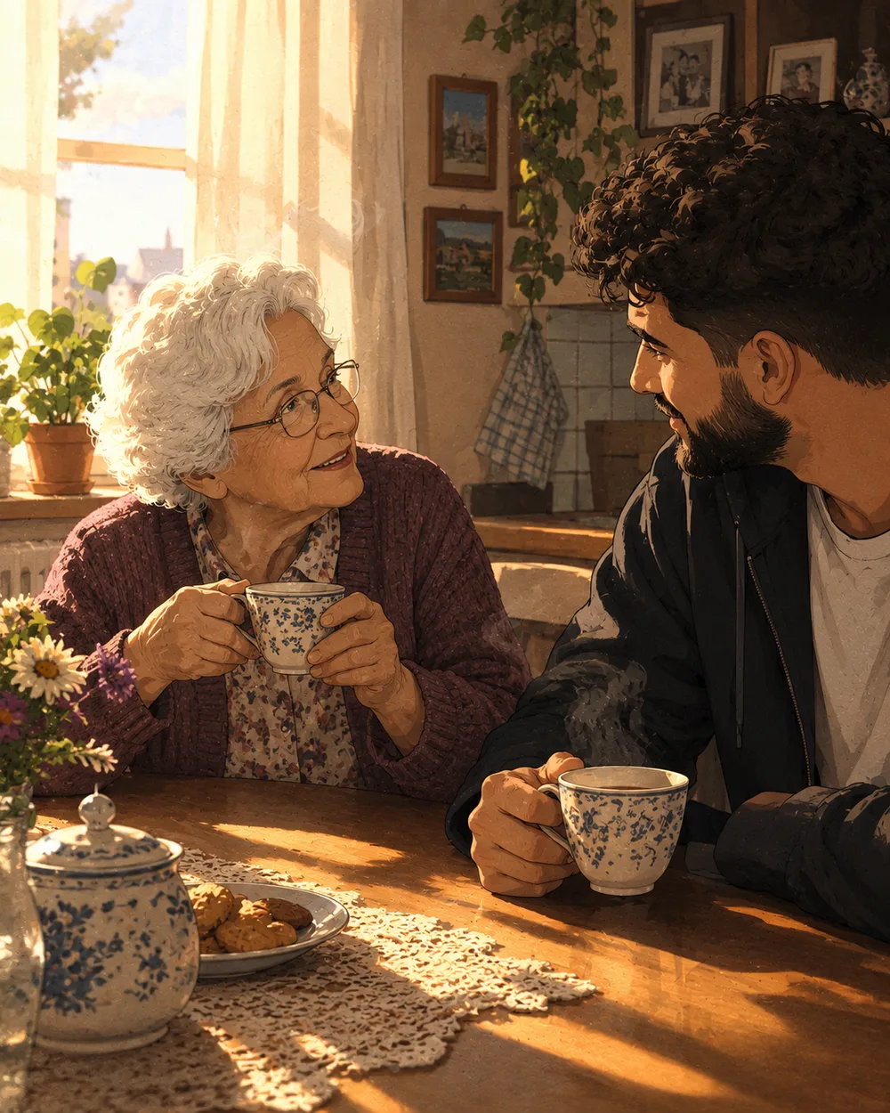 Eine ältere Dame und ihr Begleiter trinken gemeinsam Kaffee am Küchentisch.